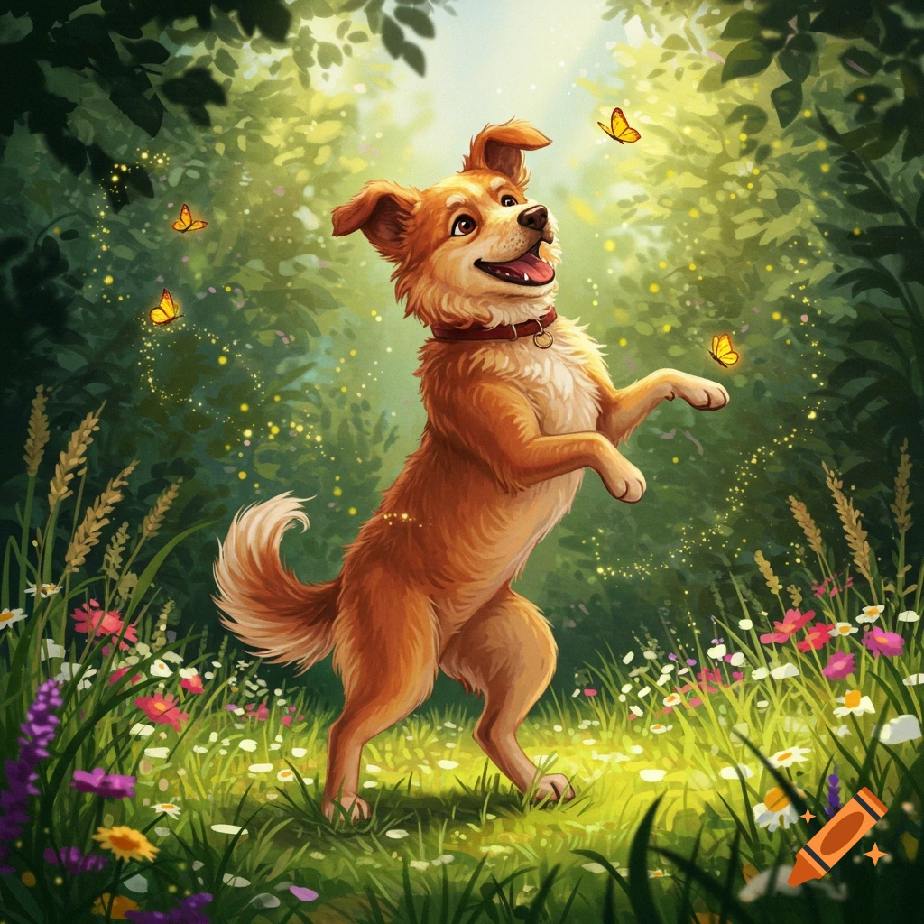 A happy brown dog stands on its hind legs in a sunny, flower-filled forest clearing, looking up at yellow butterflies. Whimsical illustration.