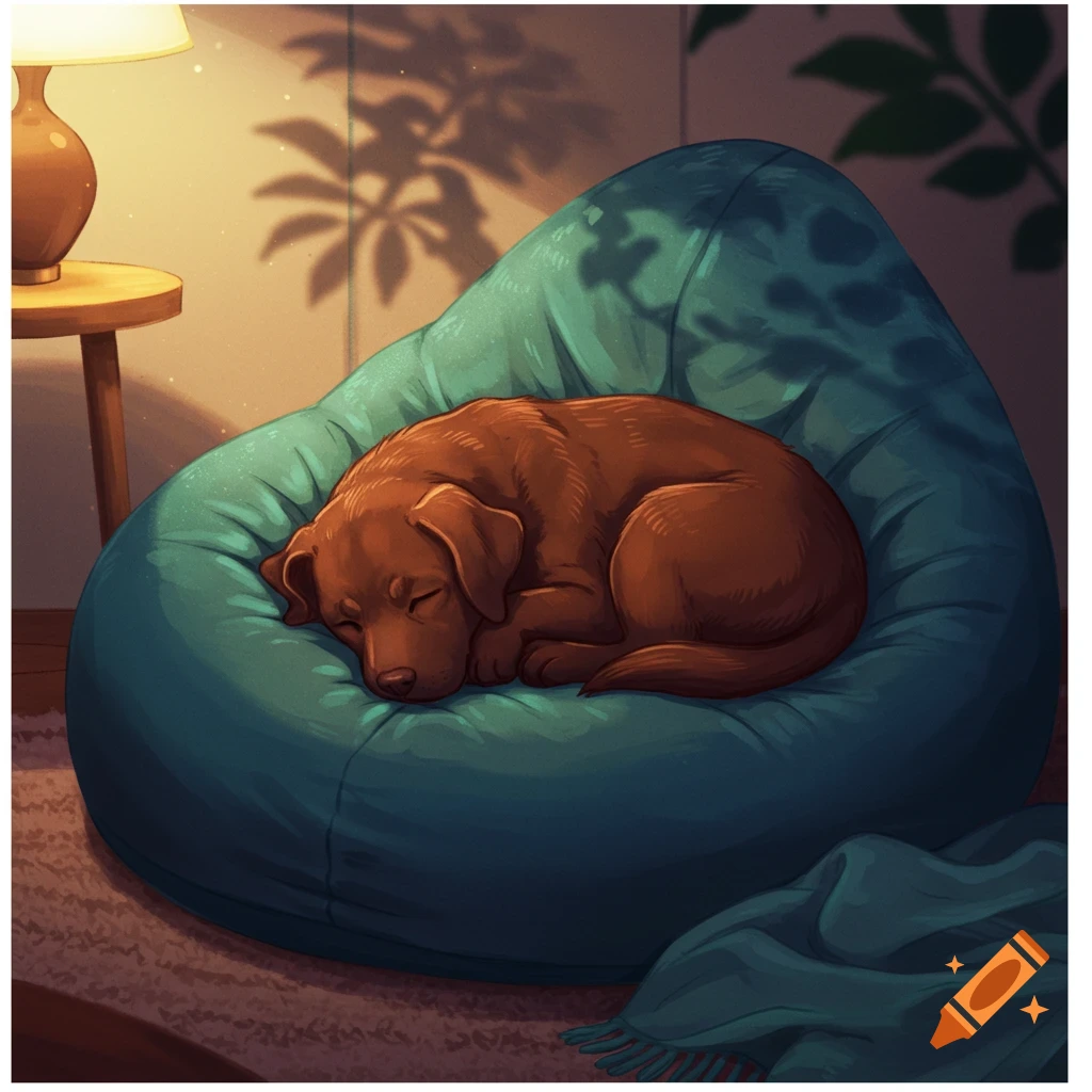A cute brown labrador dog sleeping curled up on a teal bean bag in a warm room with lamp light and plant shadows.