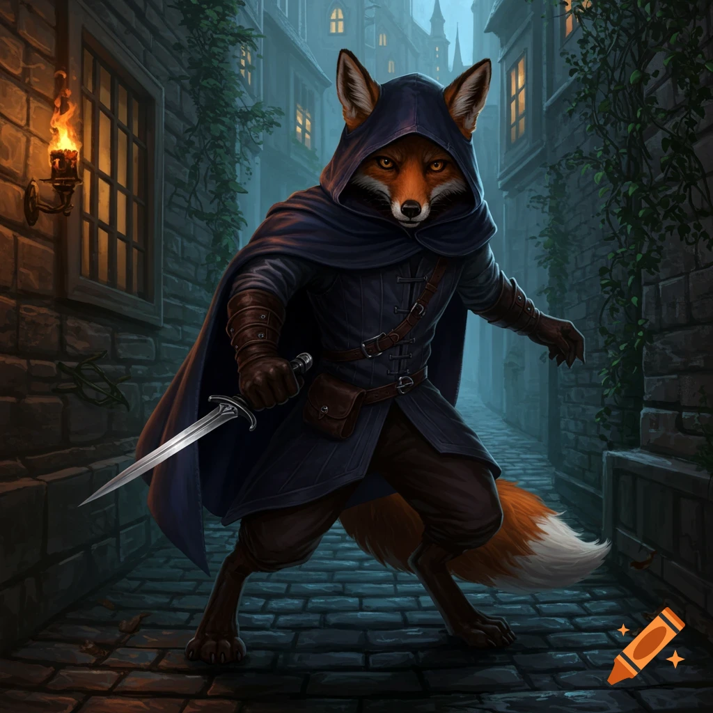 A hooded anthropomorphic fox rogue stands in a dark alley at night, holding a dagger. The fox has orange fur and is dressed in dark leather armor and a blue cloak, with light from a torch on a brick wall.
