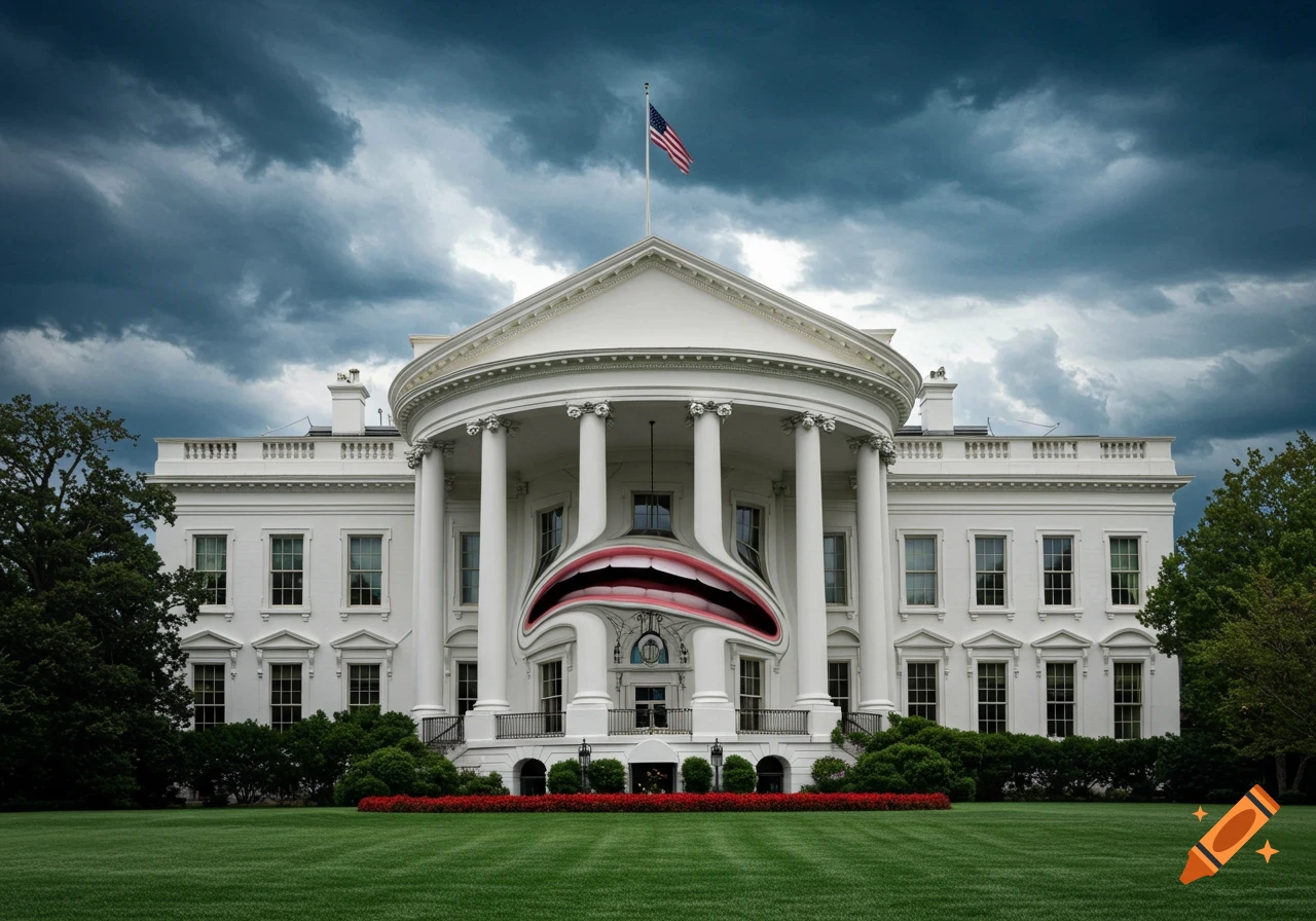 The White House facade distorts into a giant, open screaming mouth under a dramatic dark sky.