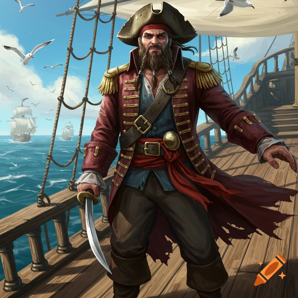 A bearded pirate in a red coat stands on a ship's deck, holding a cutlass, with other ships and seagulls on the sea.