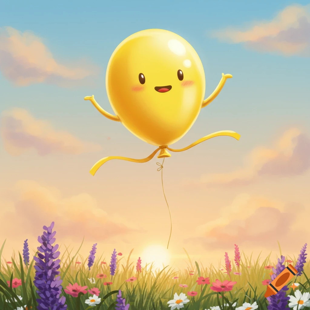 A happy yellow cartoon balloon with a smiling face and small arms floats above a vibrant field of purple and pink wildflowers under a bright sky with soft clouds.