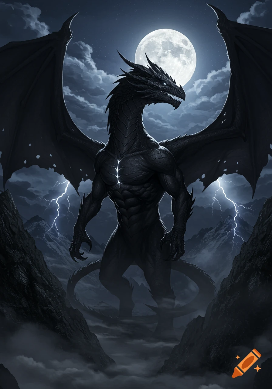 A powerful black dragon stands majestically in a mountainous landscape with lightning, mist, and a full moon.