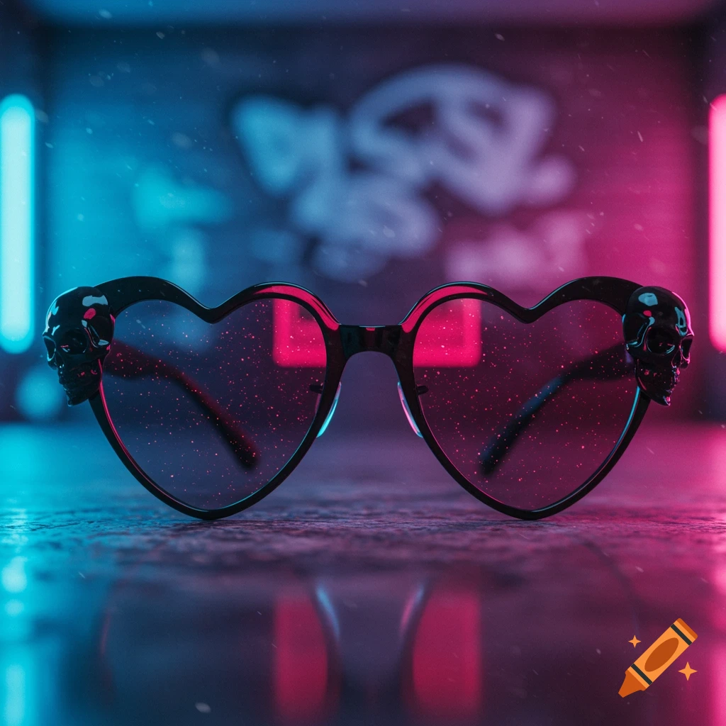 Heart-shaped sunglasses with skull details on the temples, illuminated by neon pink and blue light in a dark, gritty setting.