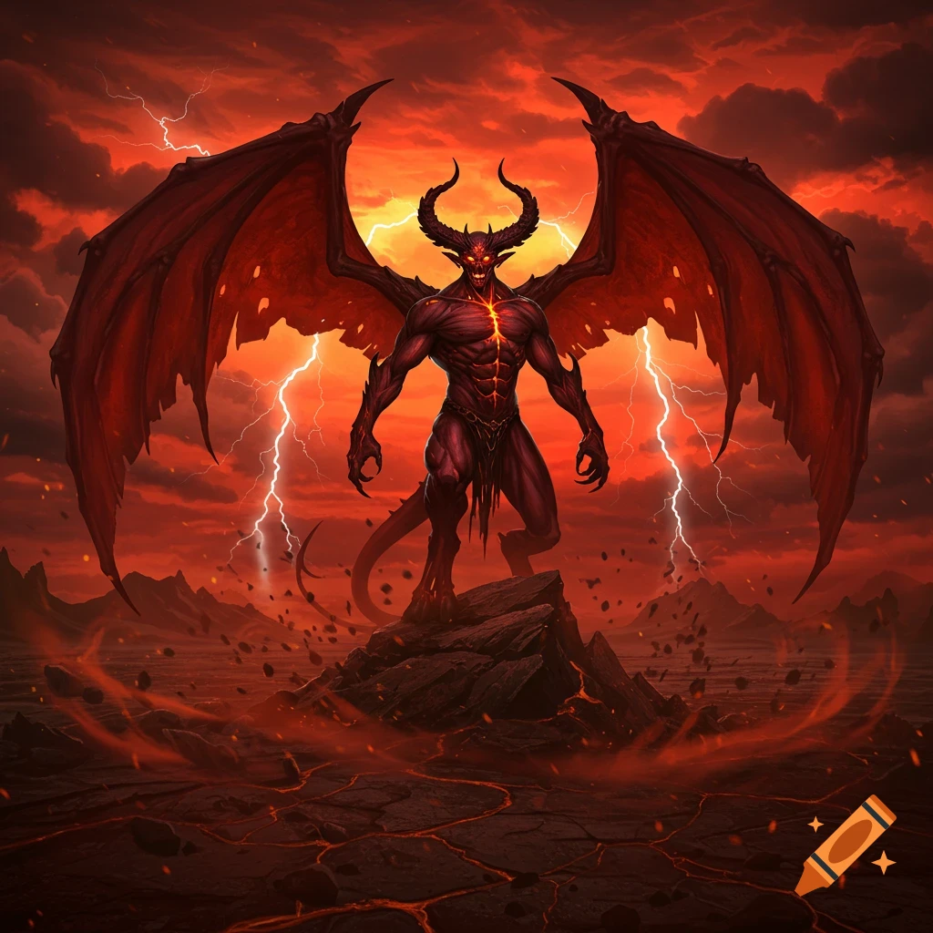 A muscular, red-skinned demon with large wings and horns stands on a rock in a hellish landscape with red skies and lightning.