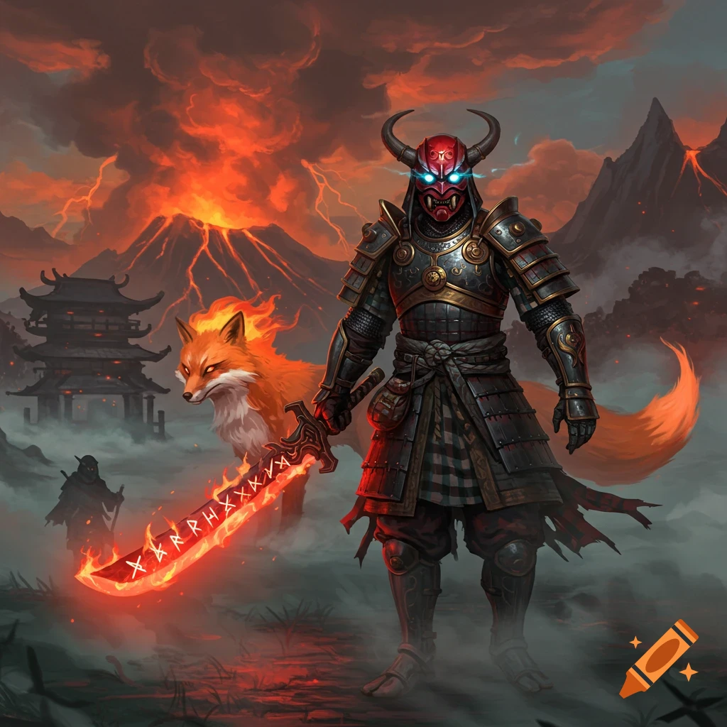 An armored warrior with a red mask and glowing blue eyes stands with a fiery fox spirit in a volcanic landscape with a pagoda, holding a glowing sword with runes.
