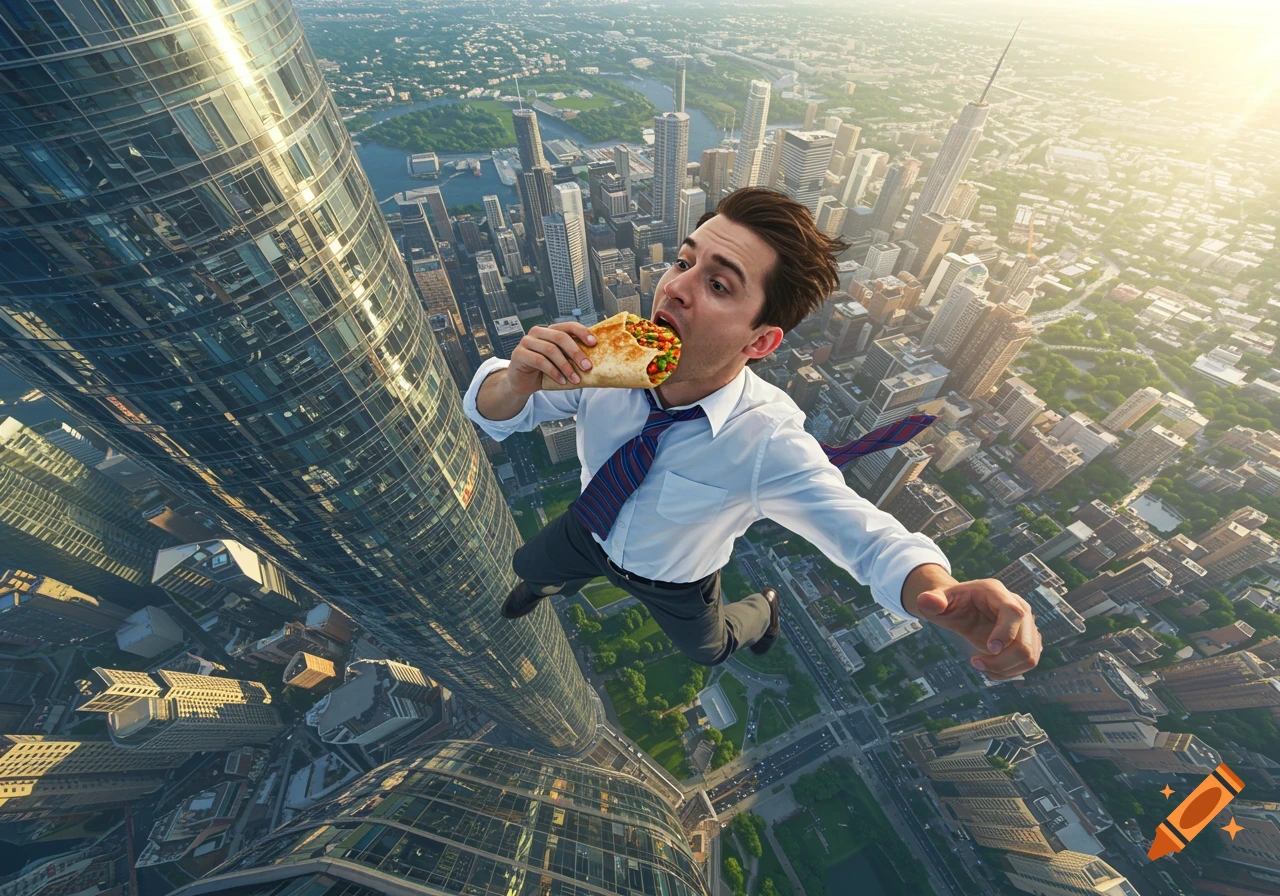 A man in a suit falls headfirst from a skyscraper while eating a burrito, high above a vast city, photorealistic.