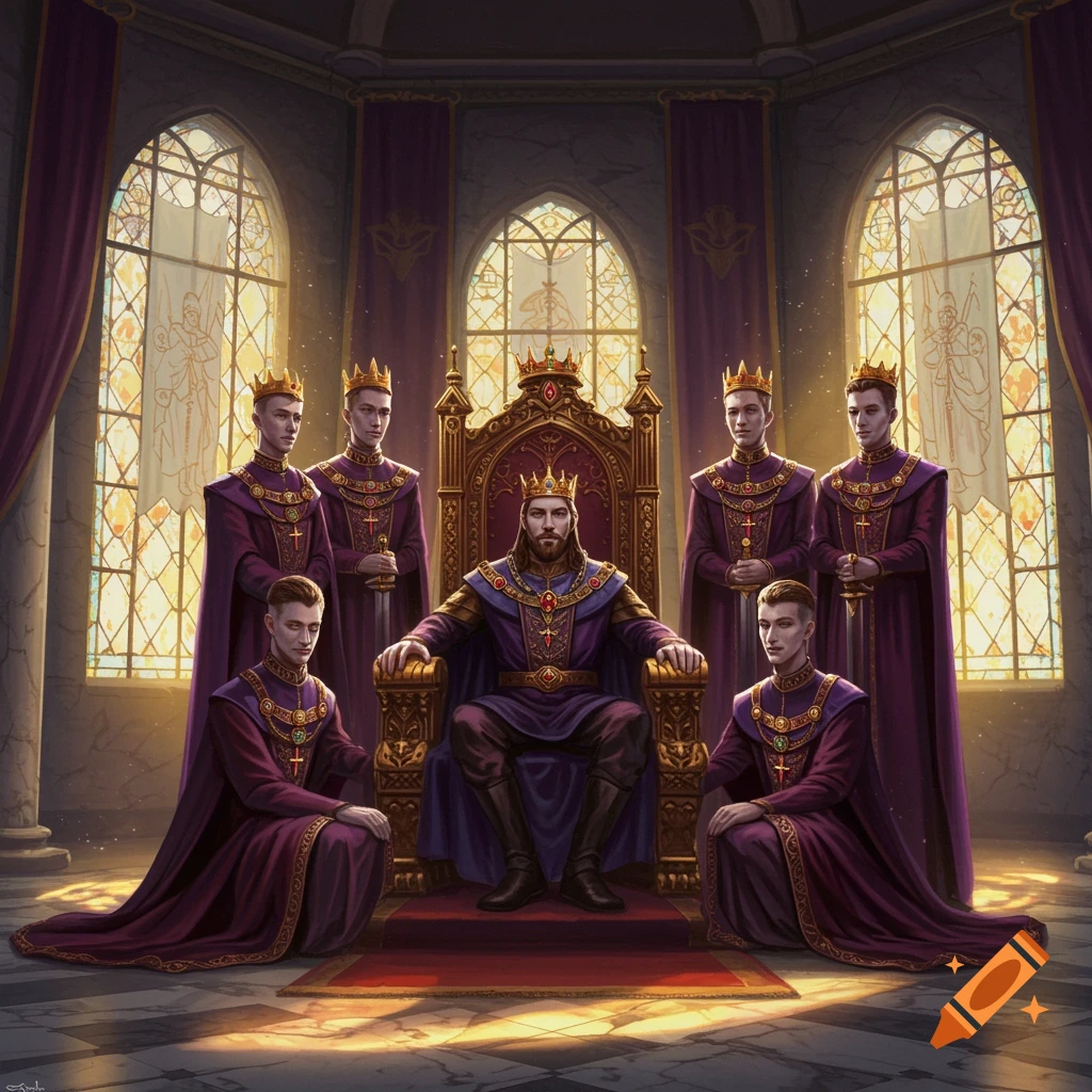 A regal king in purple robes sits on a golden throne, surrounded by six men in similar attire and crowns, within a grand hall with large stained glass windows.