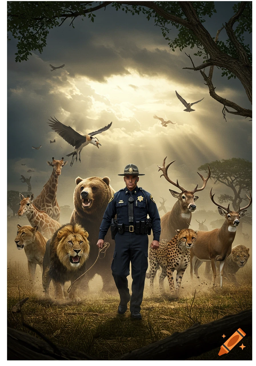 A police officer walks with a rope, surrounded by a bear, lion, giraffes, deer, cheetah, and birds under a dramatic sky.