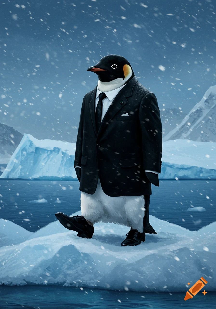 A penguin in a black suit and tie walks on an iceberg in a snowy arctic landscape.