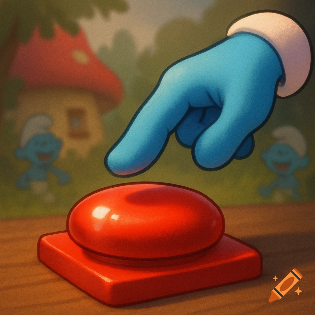 A blue gloved hand hovers over a large, shiny red button on a wooden table, with blurred cartoon Smurfs and a mushroom house in the background.