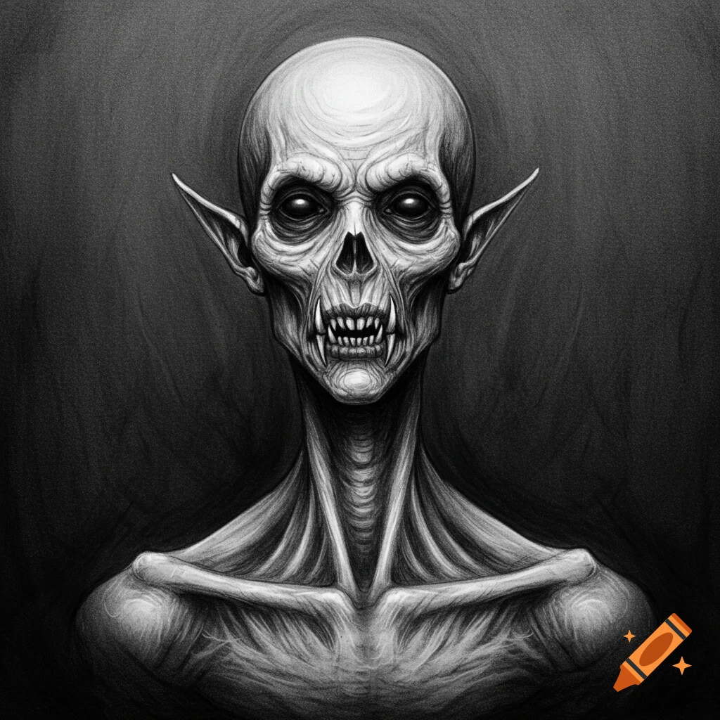 A pencil sketch of a hairless, skeletal, vampire-like creature with large fangs, sunken eyes, and pointed ears.