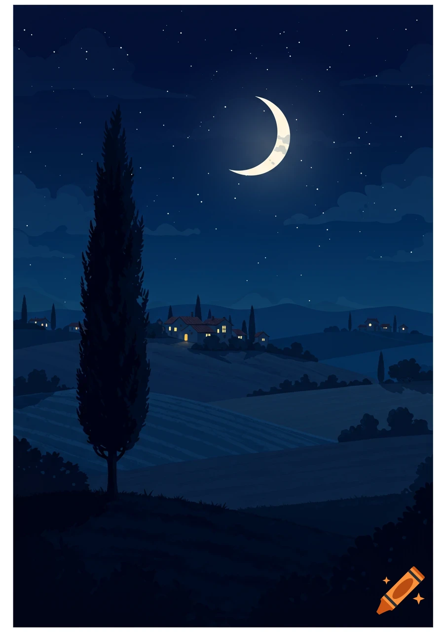 Stylized illustration of a cypress tree in the foreground with rolling hills, a village, and a crescent moon in a star-filled night sky.