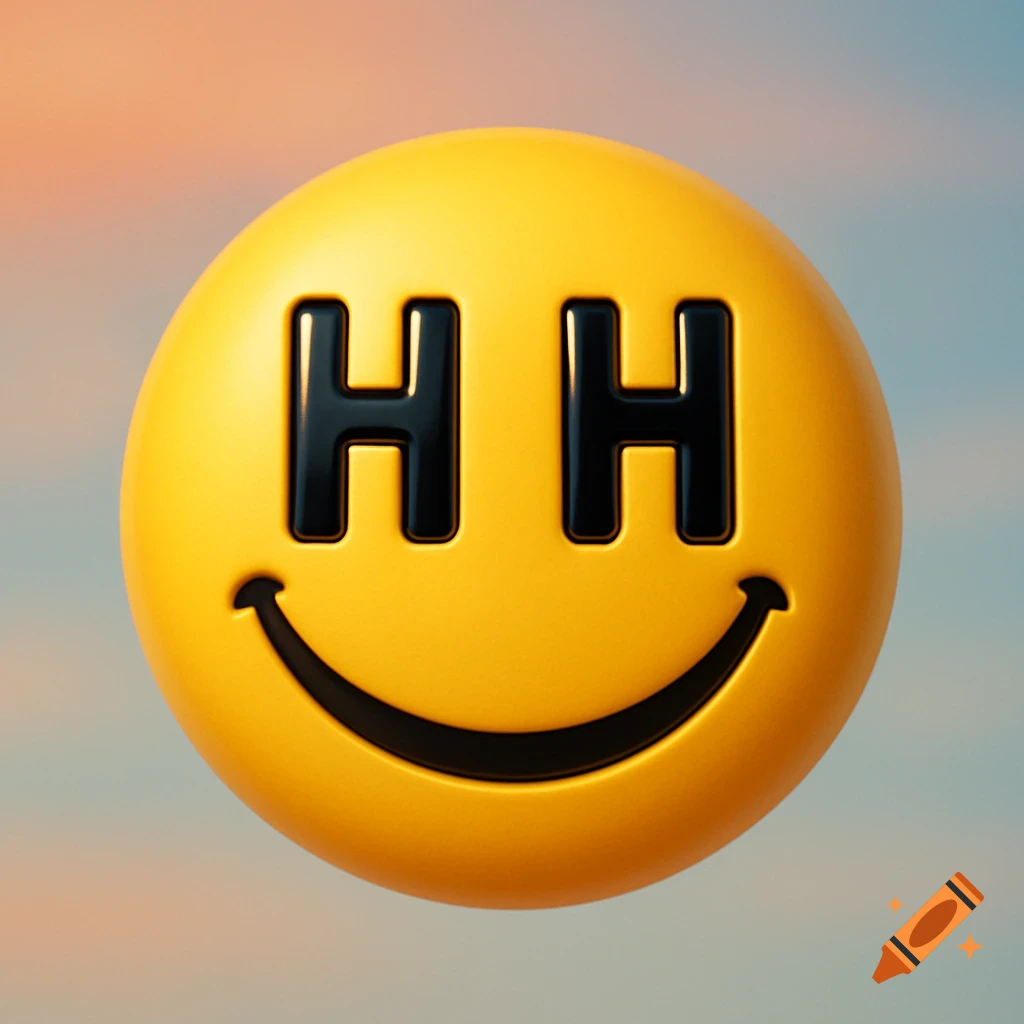A yellow 3D smiley face emoji with black letter 'H's for eyes and a curved smile, set against a blurred blue and orange background.