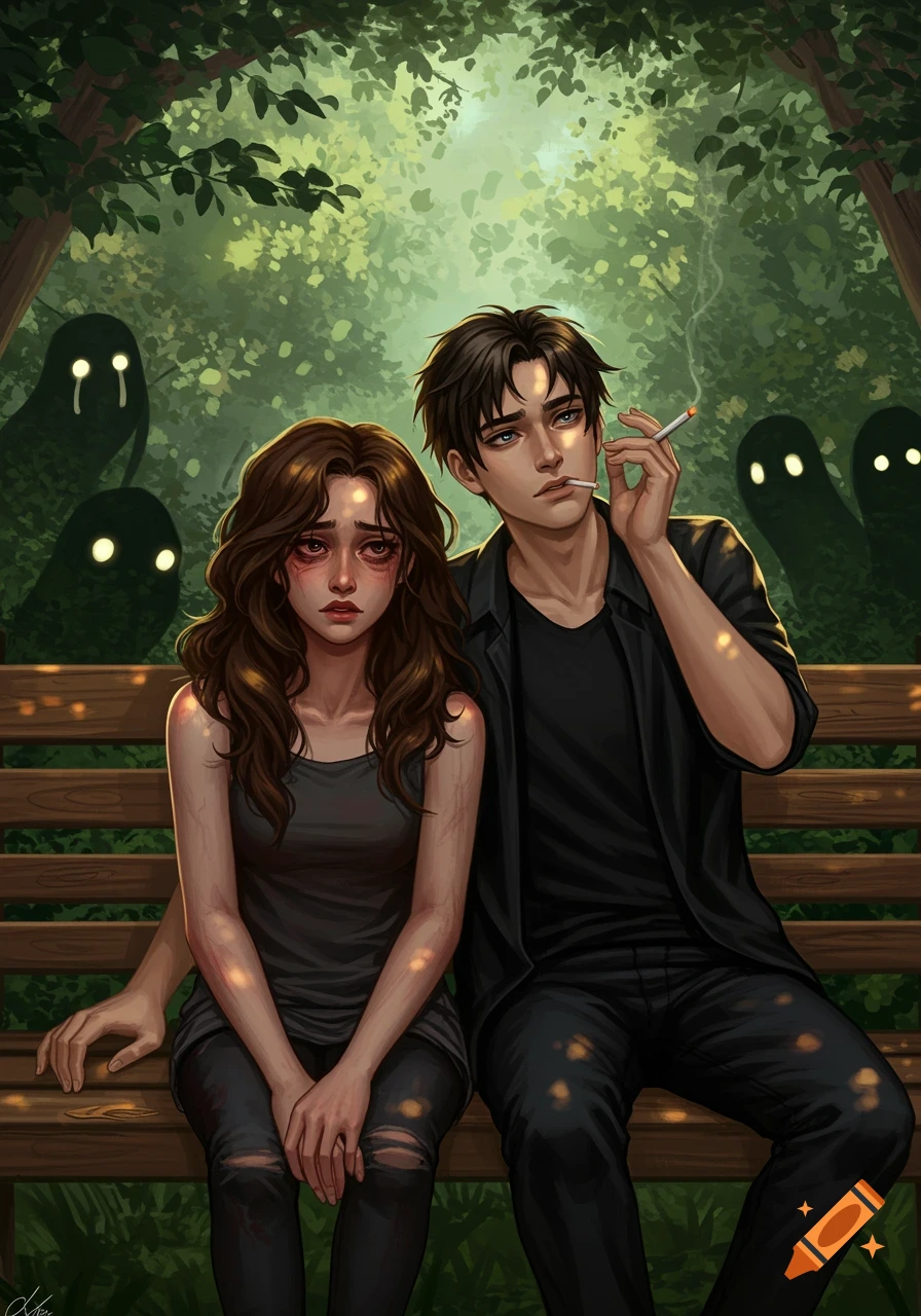 A digital illustration of a distraught teenage girl and a boy smoking on a park bench, with dark, ghost-like shadows looming in the background.