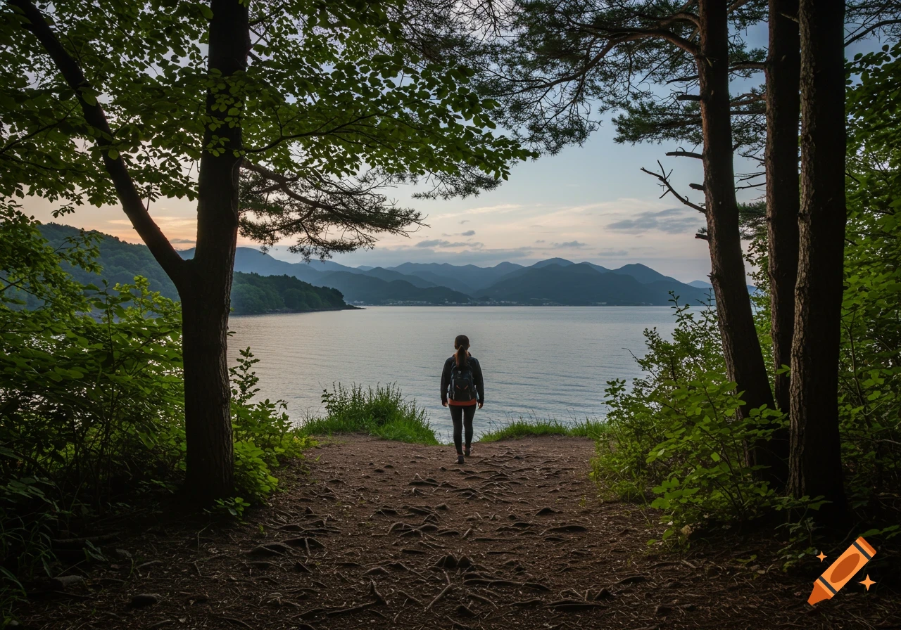 A person views a scenic lake framed by trees and mountains at dusk.