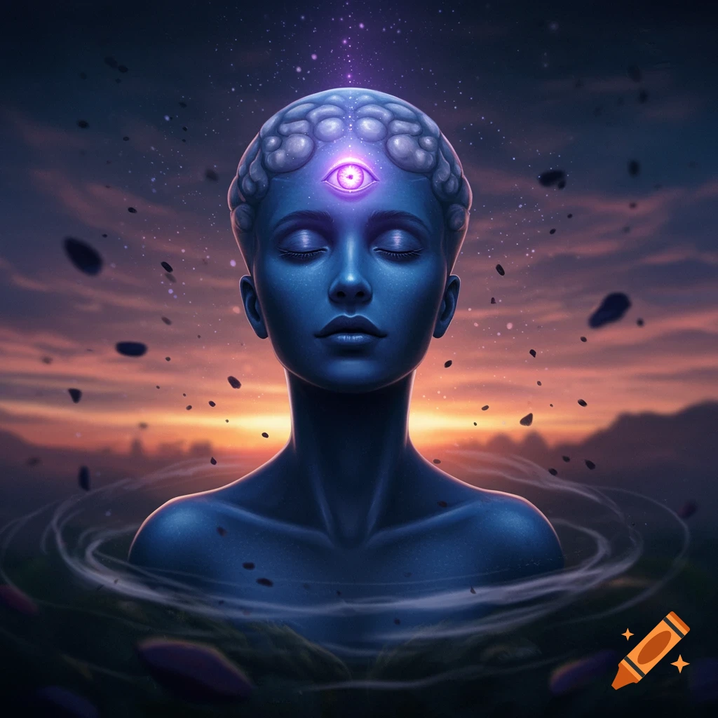A blue-skinned human with a glowing third eye and textured head emerges from swirling water against a sunset sky.