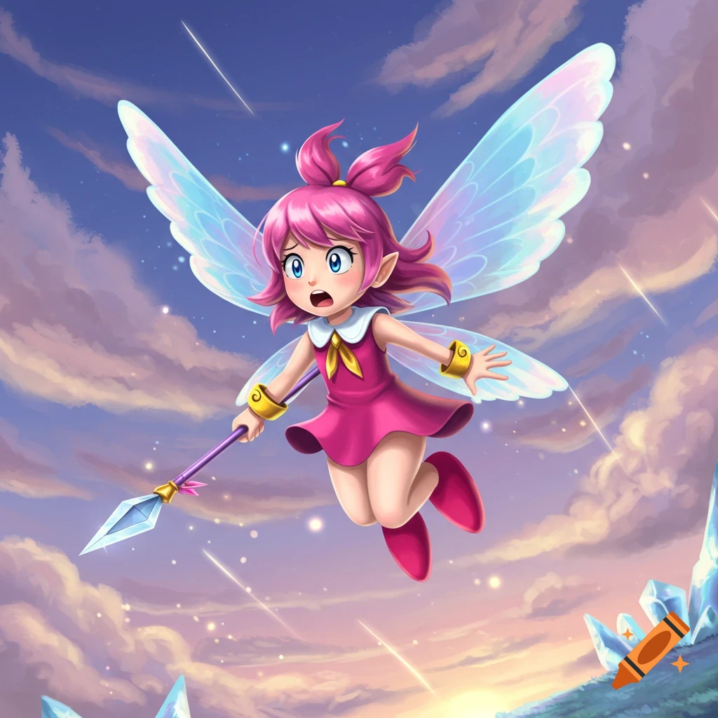 A surprised pink-haired fairy with large iridescent wings flies while holding a spear against a cloudy sky with crystals.