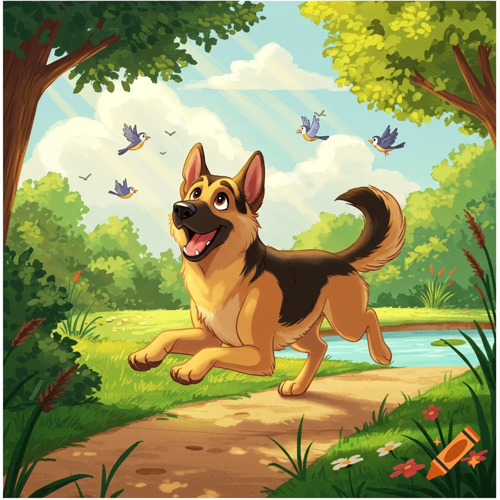 A happy German Shepherd dog runs on a path in a park with birds flying overhead, in a cartoon Disney style.