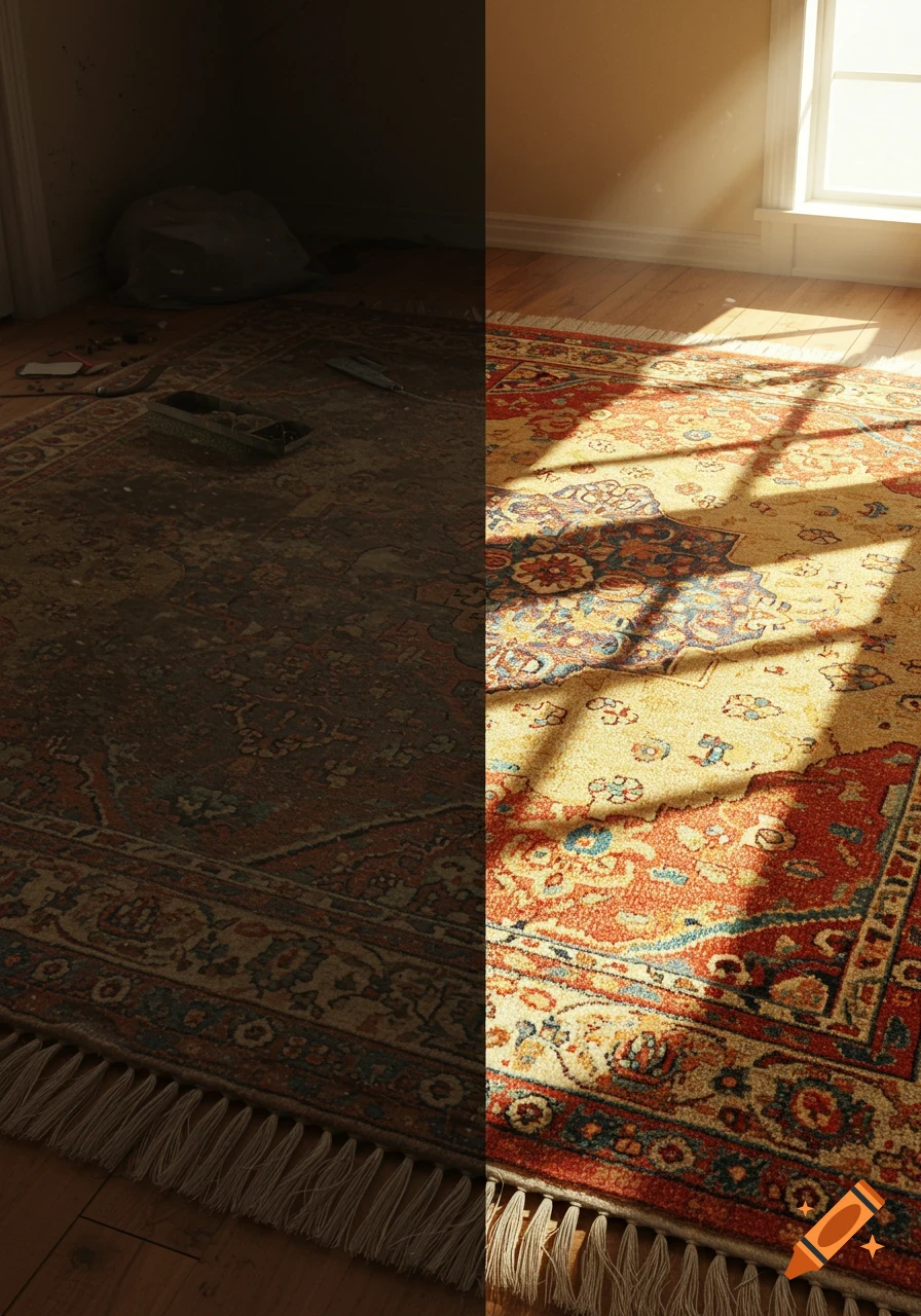 A vertical split image showing a dark, dirty patterned rug on the left and the same rug clean and brightly lit by sunlight on the right.