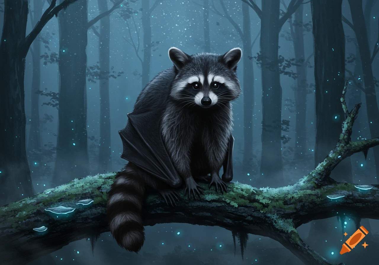 An illustrated raccoon with bat wings sits on a mossy branch in a dark, misty forest with glowing blue particles.