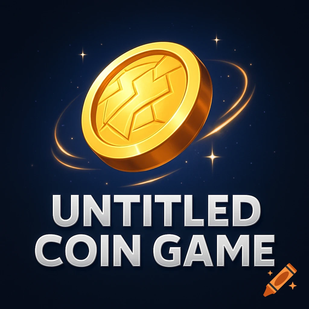 A game logo featuring a shiny gold coin with a symbol, surrounded by glowing light trails and stars on a dark blue background. Below the coin is the text 'UNTITLED COIN GAME'.