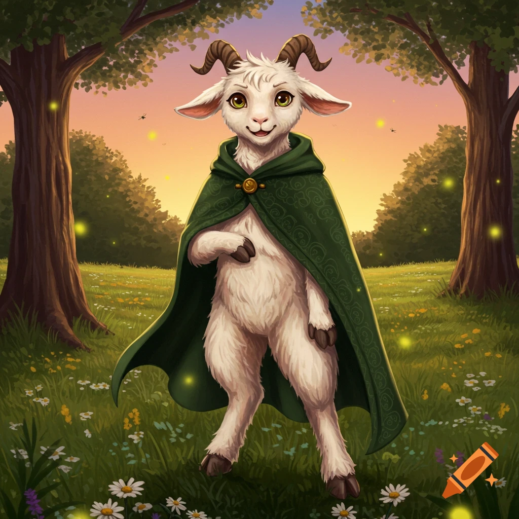 An anthropomorphic goat in a green hooded cape stands in a magical meadow with trees and glowing fireflies.