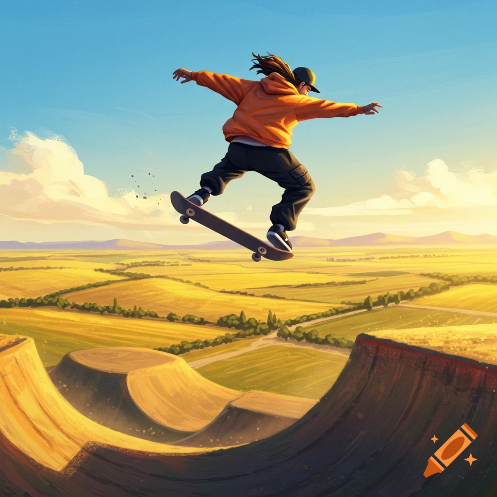 A skateboarder in an orange hoodie mid-air over dirt ramps in a vast, golden field landscape under a blue sky, digital art.