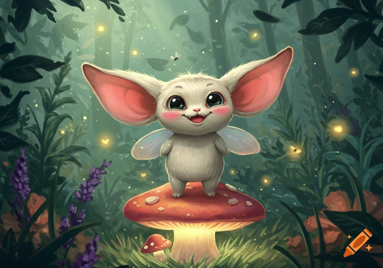 A cute, white, winged creature with big ears and rosy cheeks stands on a red mushroom in a glowing, magical forest.