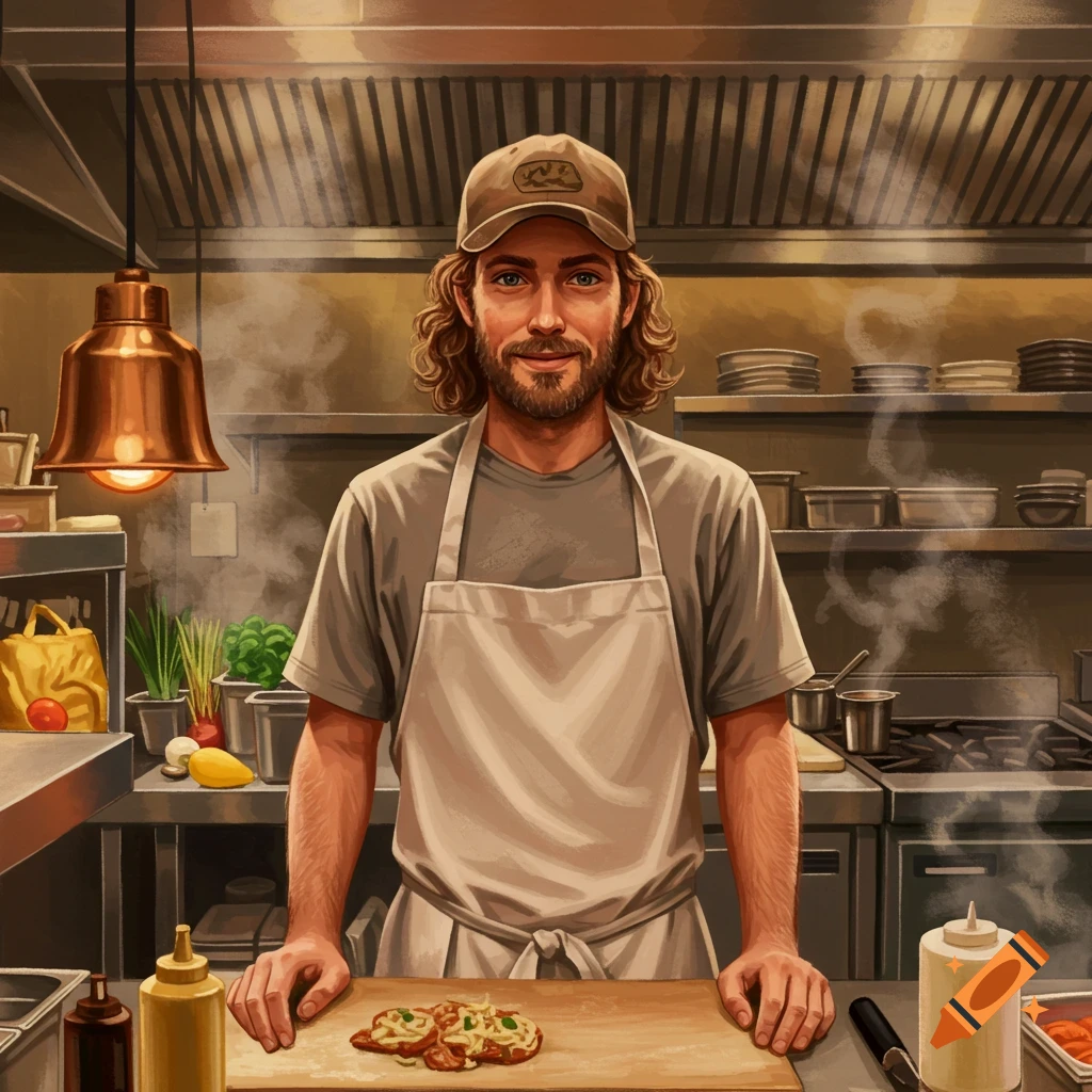 A man in a baseball cap and apron smiles in a kitchen, with food on a cutting board.