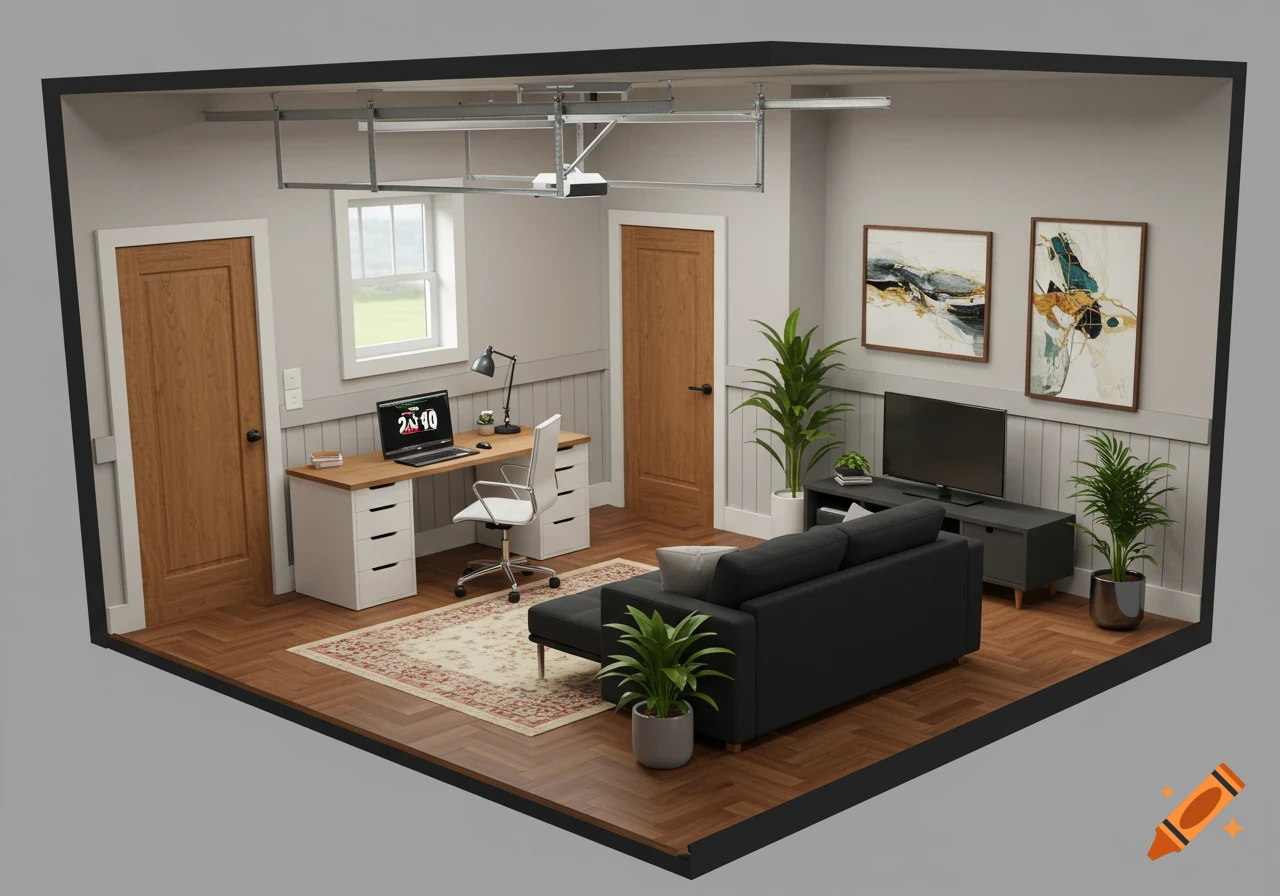 A modern home office and den in a converted garage with a desk, laptop, black sofa, TV, plants, and abstract art.
