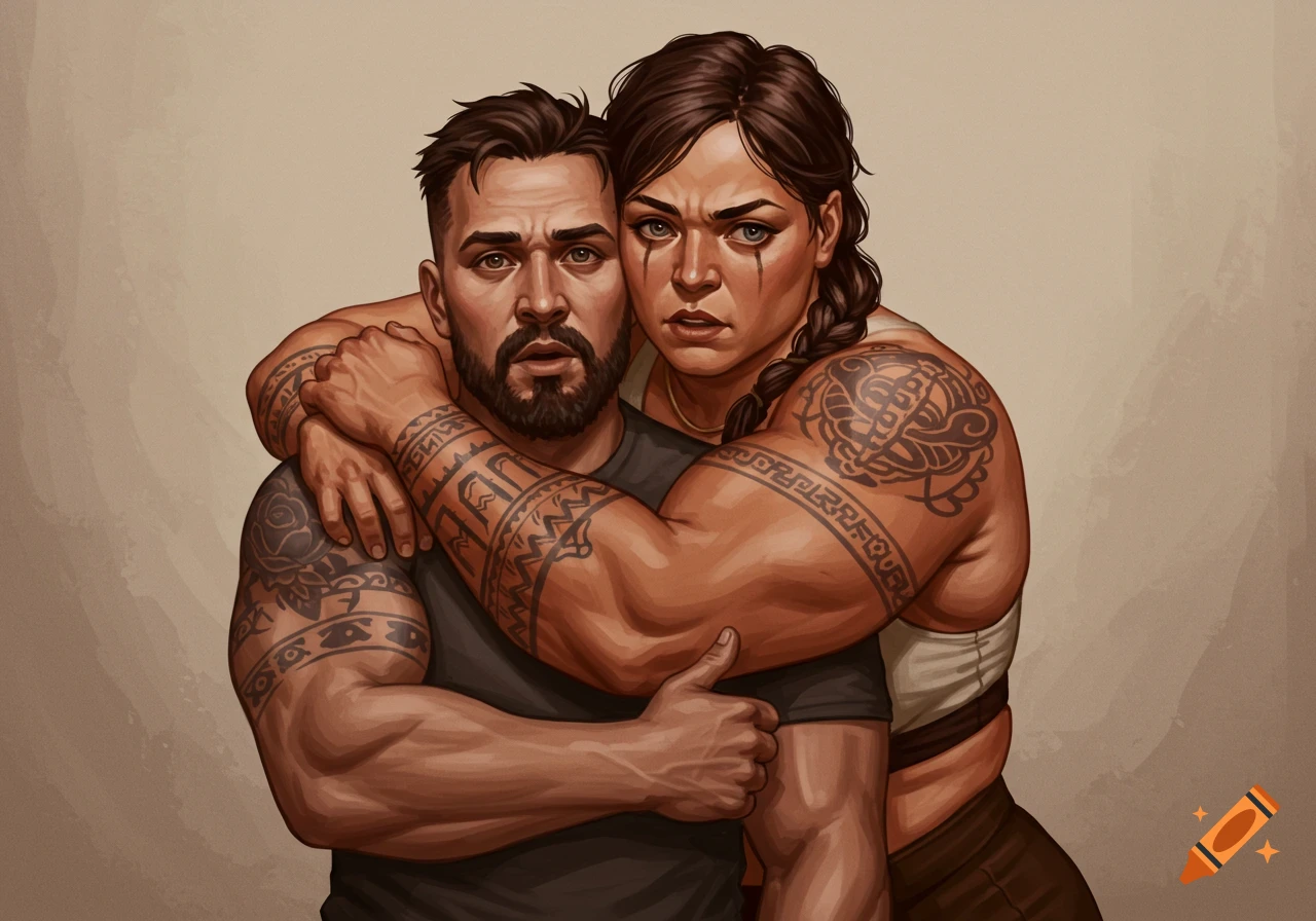 A strong woman with tattoos bear hugs a man with tattoos. Both have intense expressions in a stylized digital art style.