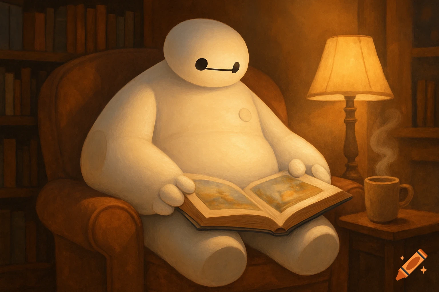 Baymax, a white inflatable robot, sits in a cozy armchair reading a book under the warm light of a lamp, with a mug nearby.