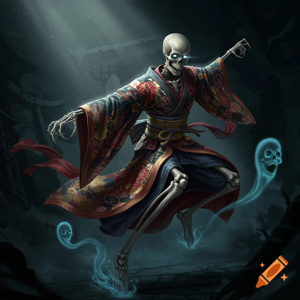 A skeletal figure with glowing blue eyes wearing a detailed Japanese kimono, lunging dynamically in a dark, ethereal setting with glowing ghost skulls.