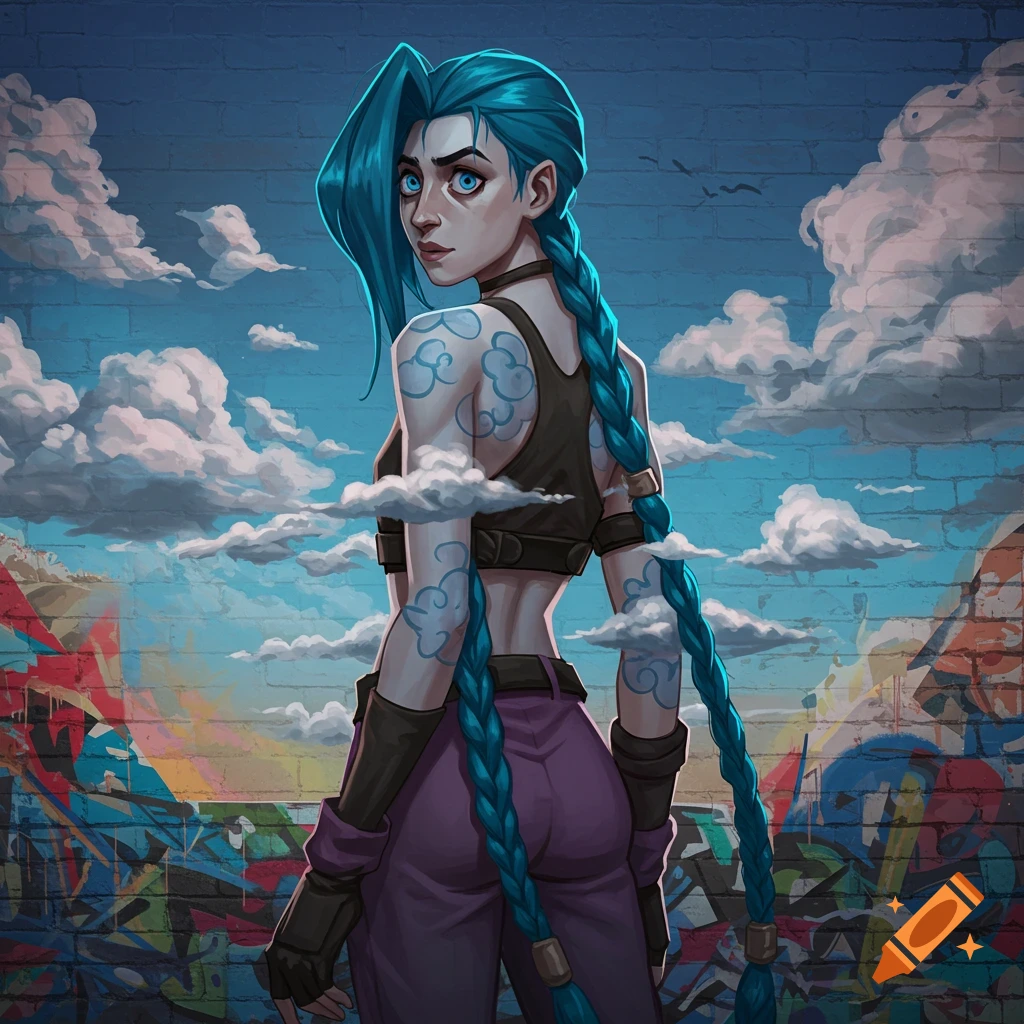 Stylized illustration of Jinx from Arcane with long blue braids and cloud tattoos, looking over her shoulder against a graffiti brick wall under a cloudy sky.