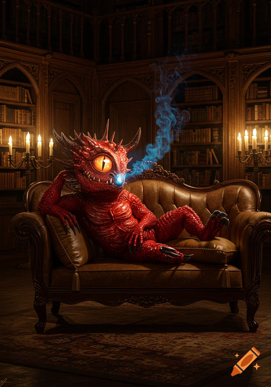 A red, dragon-like Cacodemon with a large eye lounges on a brown leather couch in an ornate, candlelit library, with blue smoke from its nose.