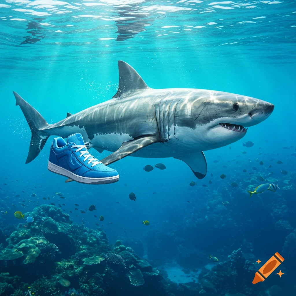 A large great white shark swims in a vibrant coral reef, with a single blue sneaker floating near its body.