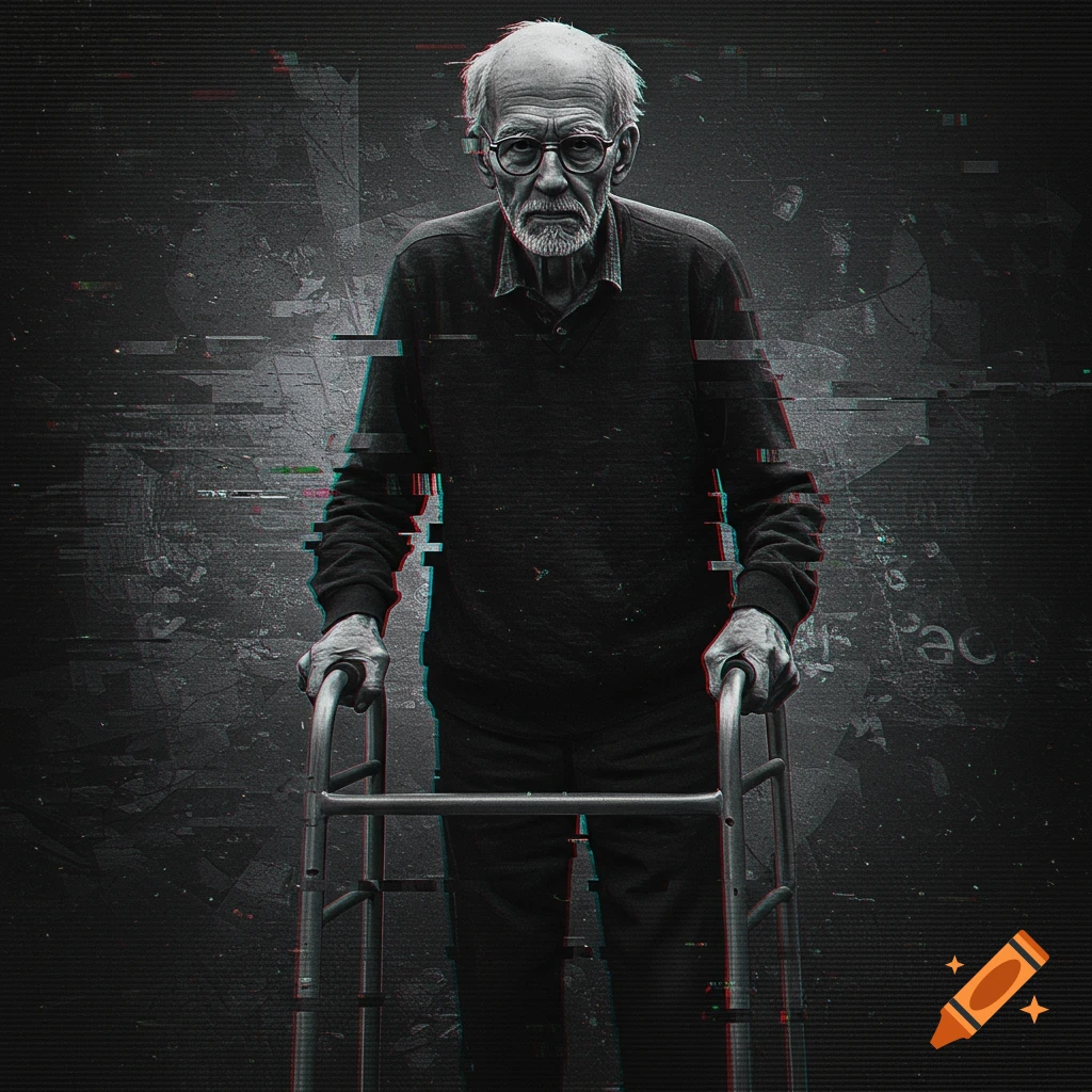 Monochrome, heavily glitched image of an elderly man with a walker against a dark, distorted background.