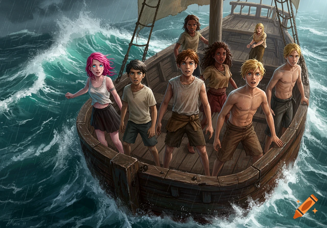 Six illustrated teenagers, including a pink-haired girl, look wide-eyed on a small boat amidst a stormy, rain-swept sea.