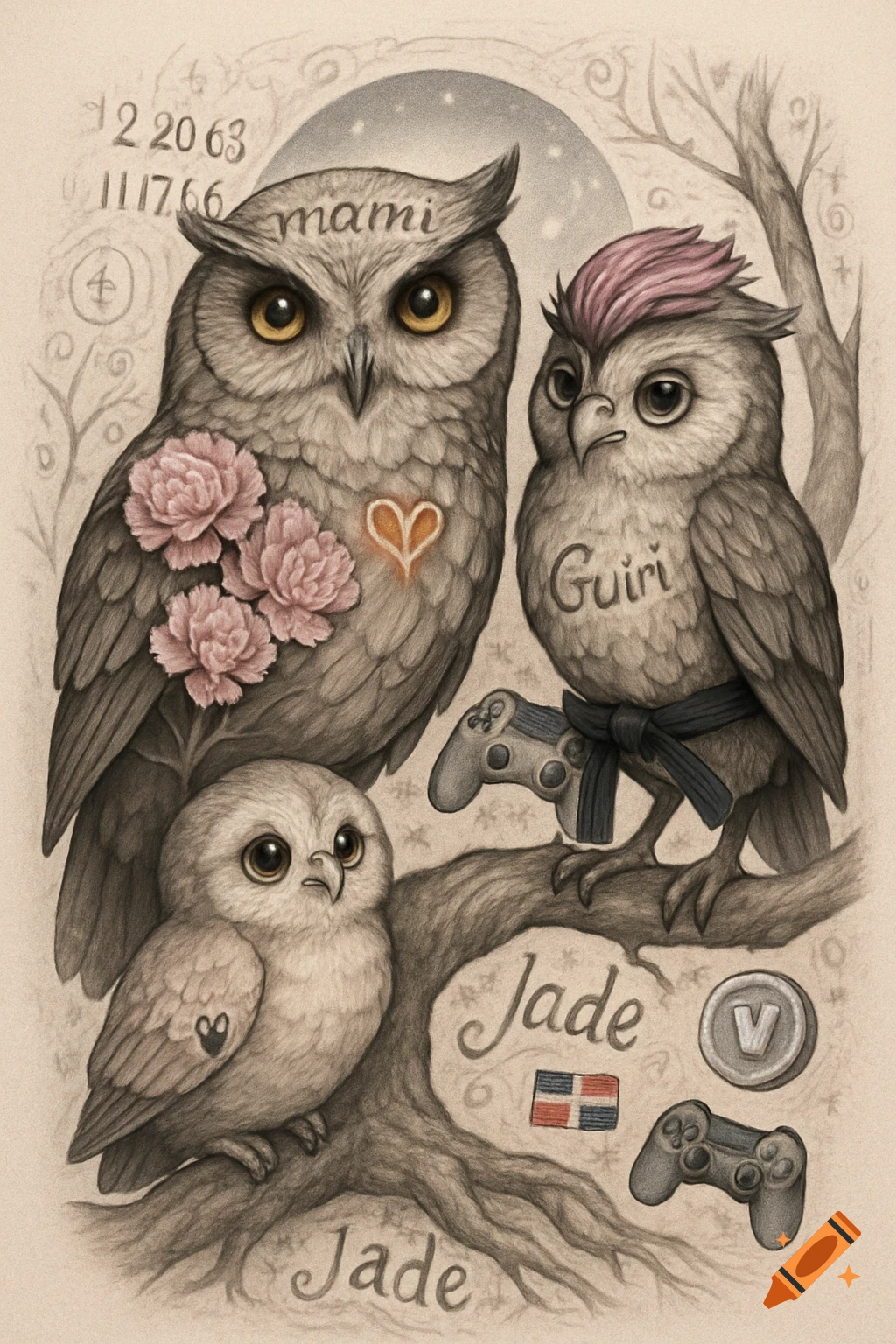 Detailed illustration of three stylized owls on a tree branch, with pink flowers, gaming controllers, and text 'mami', 'Guiri', 'Jade'.