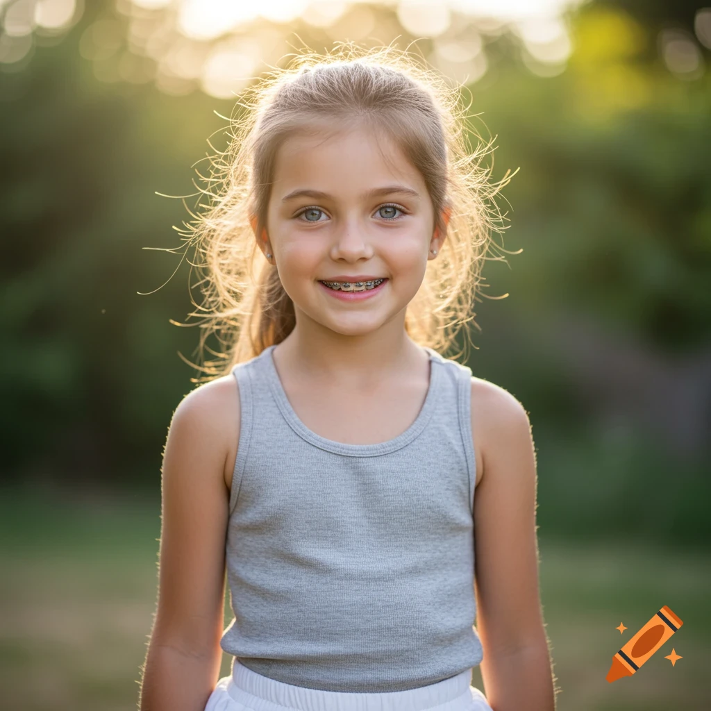 Photorealistic portrait of a young girl with light brown hair, blue eyes, and braces, smiling in golden sunlight.