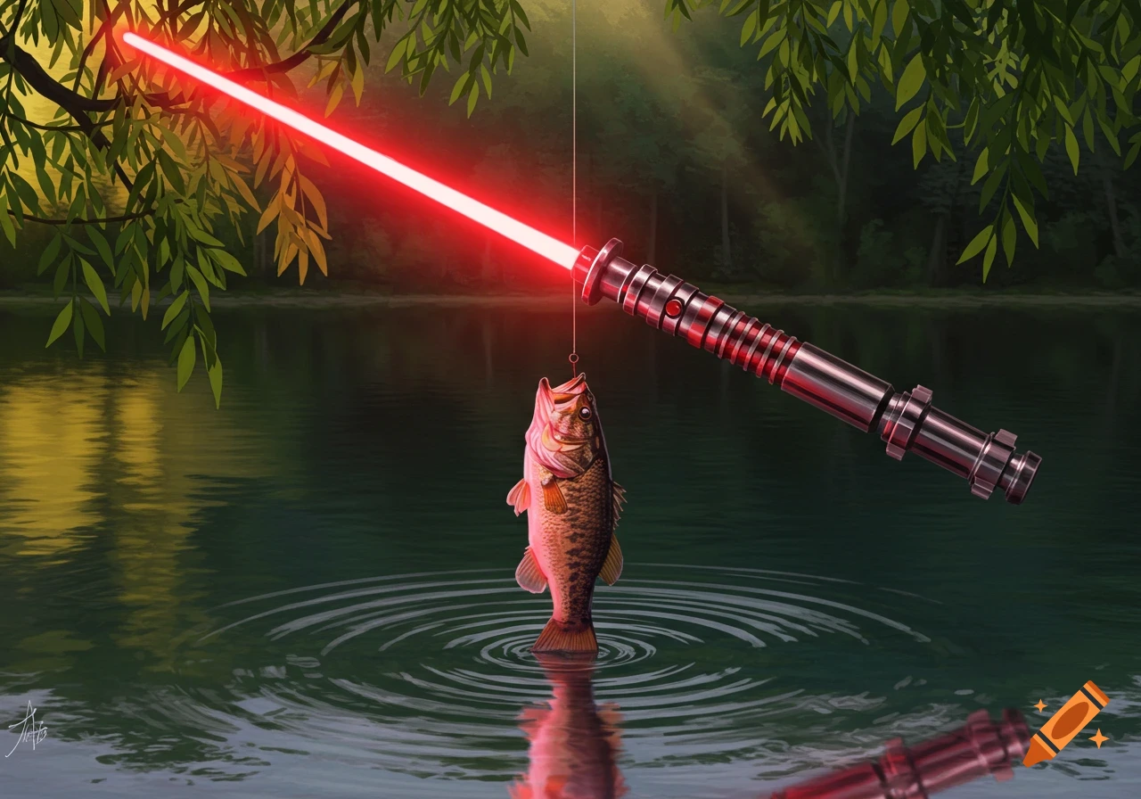 A red lightsaber used as a fishing rod catches a bass fish from a calm lake, surrounded by green trees.