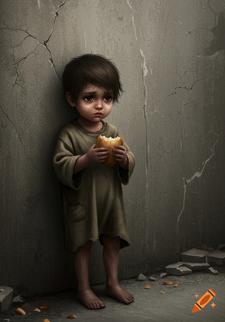 A solemn child in torn clothes holds a piece of bread against a cracked wall in a dim, somber illustration.