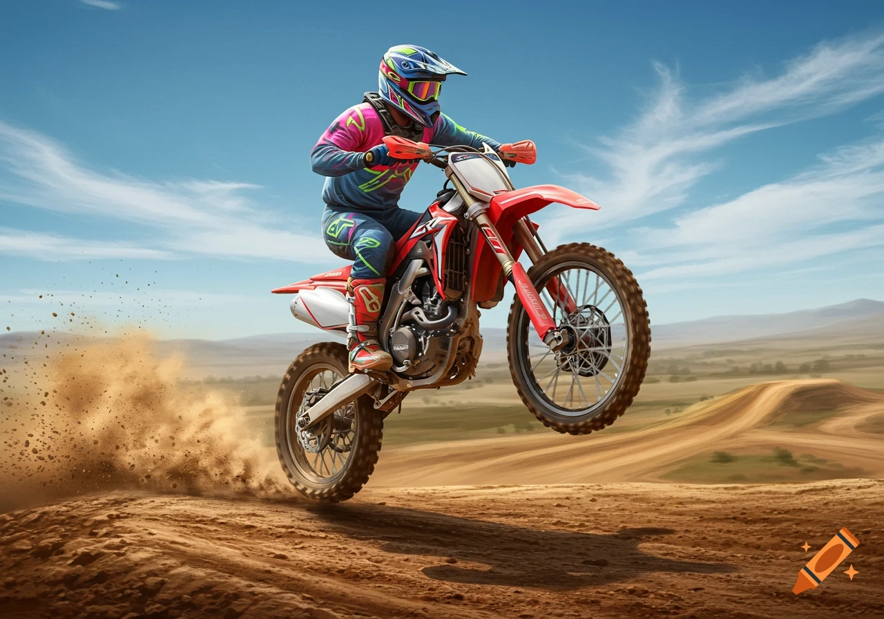 A vibrant photorealistic image of a motocross rider mid-air on a red dirt bike, kicking up dust on a sunny track.