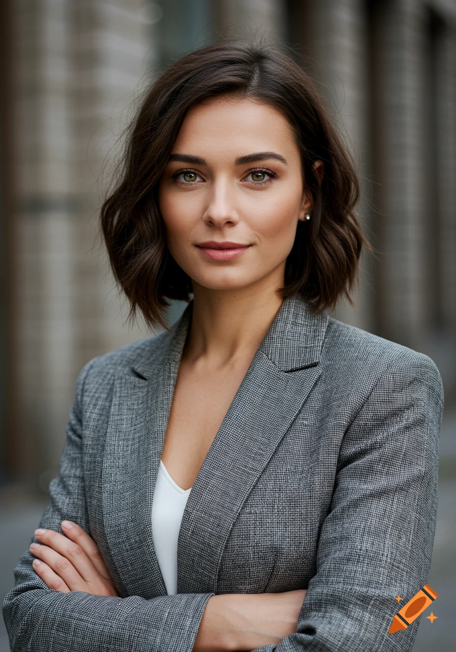 Photorealistic portrait of a young brunette woman with hazel eyes and a short bob haircut, wearing a grey plaid blazer, with arms crossed.