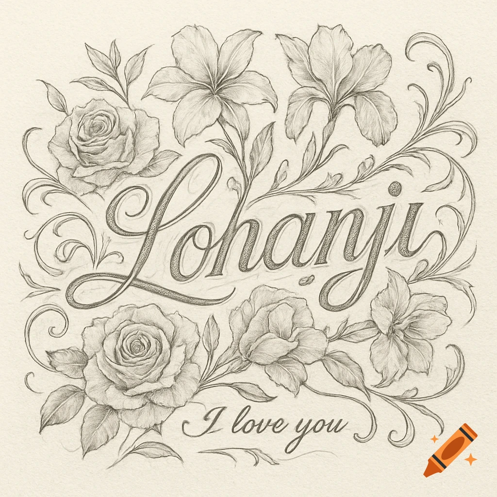 Pencil sketch of the name Lohanji in script, surrounded by roses and flowers, with 'I love you' below.