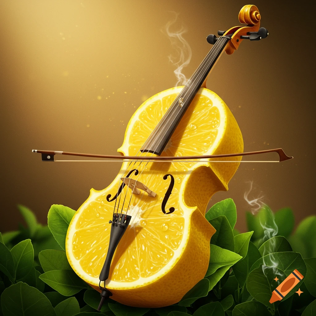 A cello crafted from a lemon with a bow, surrounded by green leaves, against a warm golden background.