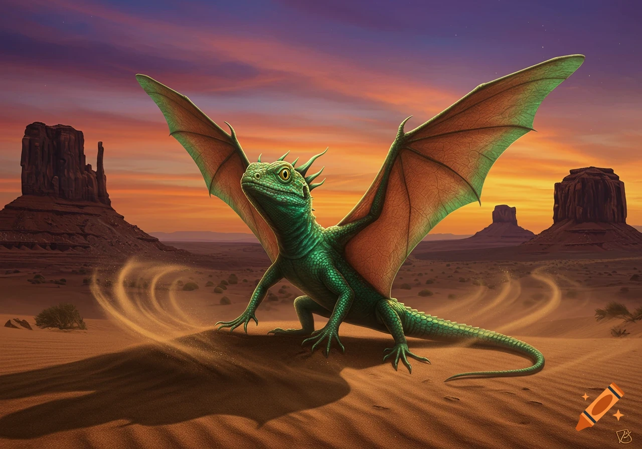 A green lizard with bat-like wings stands in a sandy desert landscape under a vibrant sunset sky, with mesa rock formations in the background.