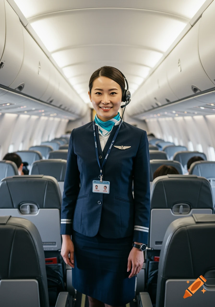 A smiling Asian flight attendant in a dark blue uniform and headset stands in an airplane aisle.