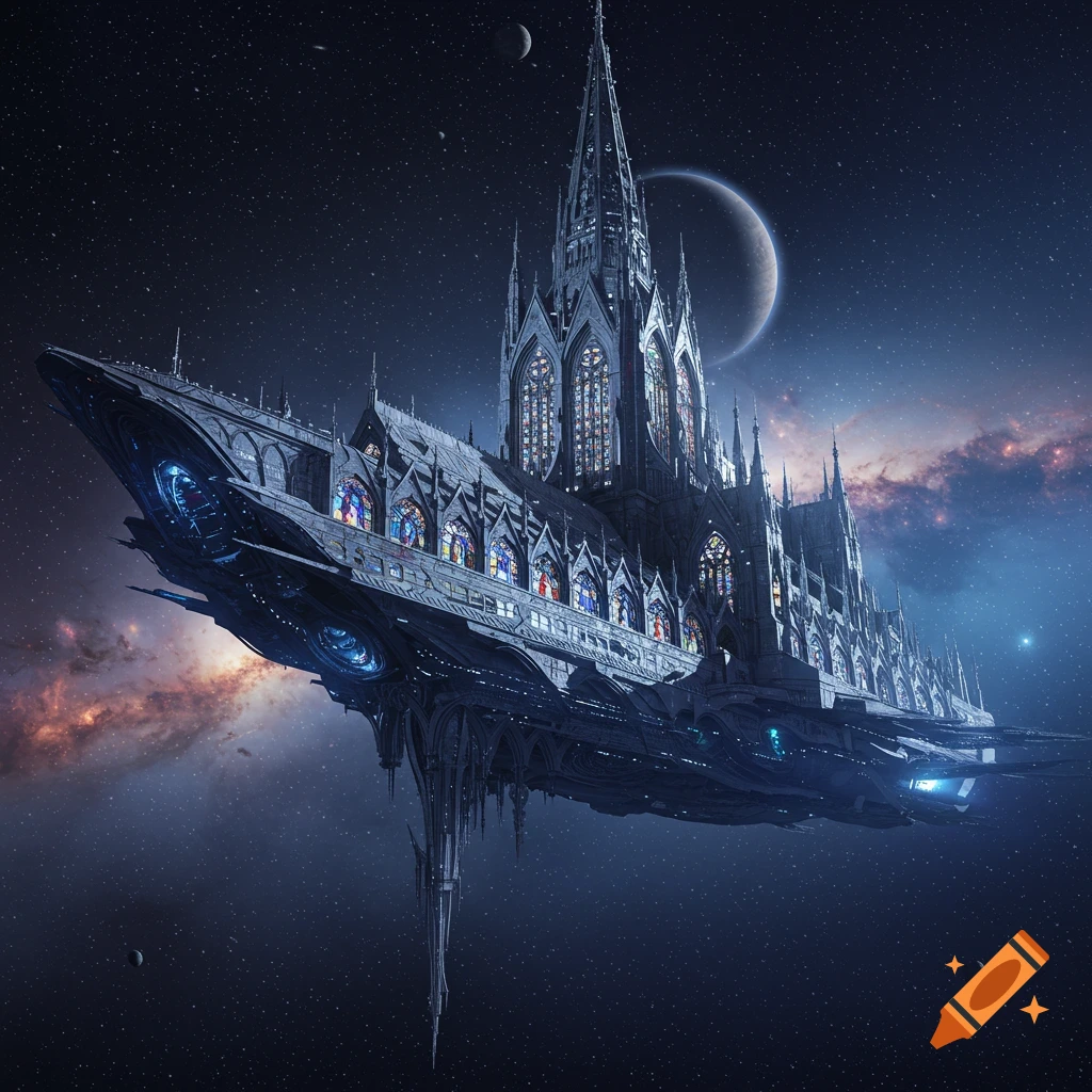 A gothic cathedral spaceship floats majestically through a star-filled galaxy with a crescent moon in the background.